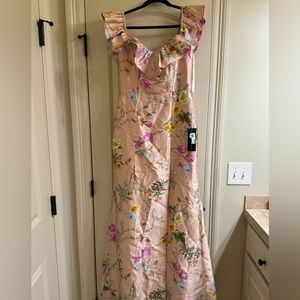 Alfred Sung Off-shoulder ruffle satin butterfly botanica dress